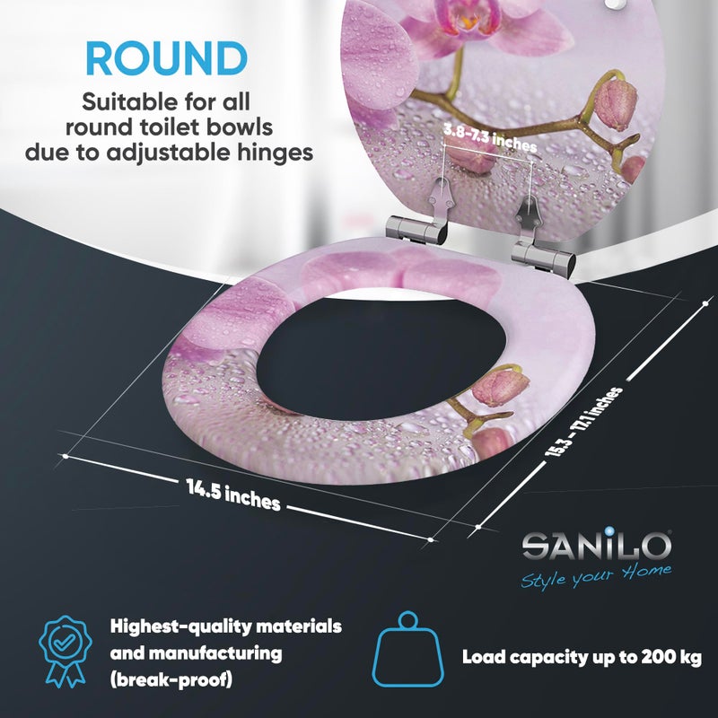 SANILO Wooden Toilet Seat with Soft Close [ROUND] - Decorative, Quiet & Slow Close Molded Wood Seat - With Strong Bumpers & Hinges - Adjustable Fit â€“ Blooming - Image 3